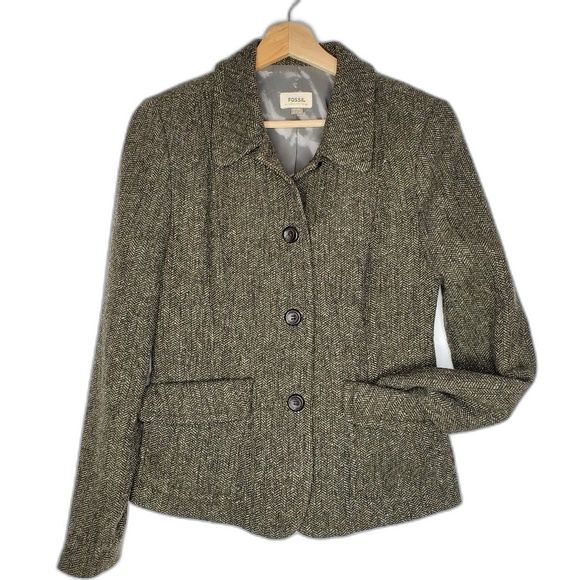 RETRO Fossil Dark Green Tweed Button Up Blazer Size 4 - Picture 1 of 9